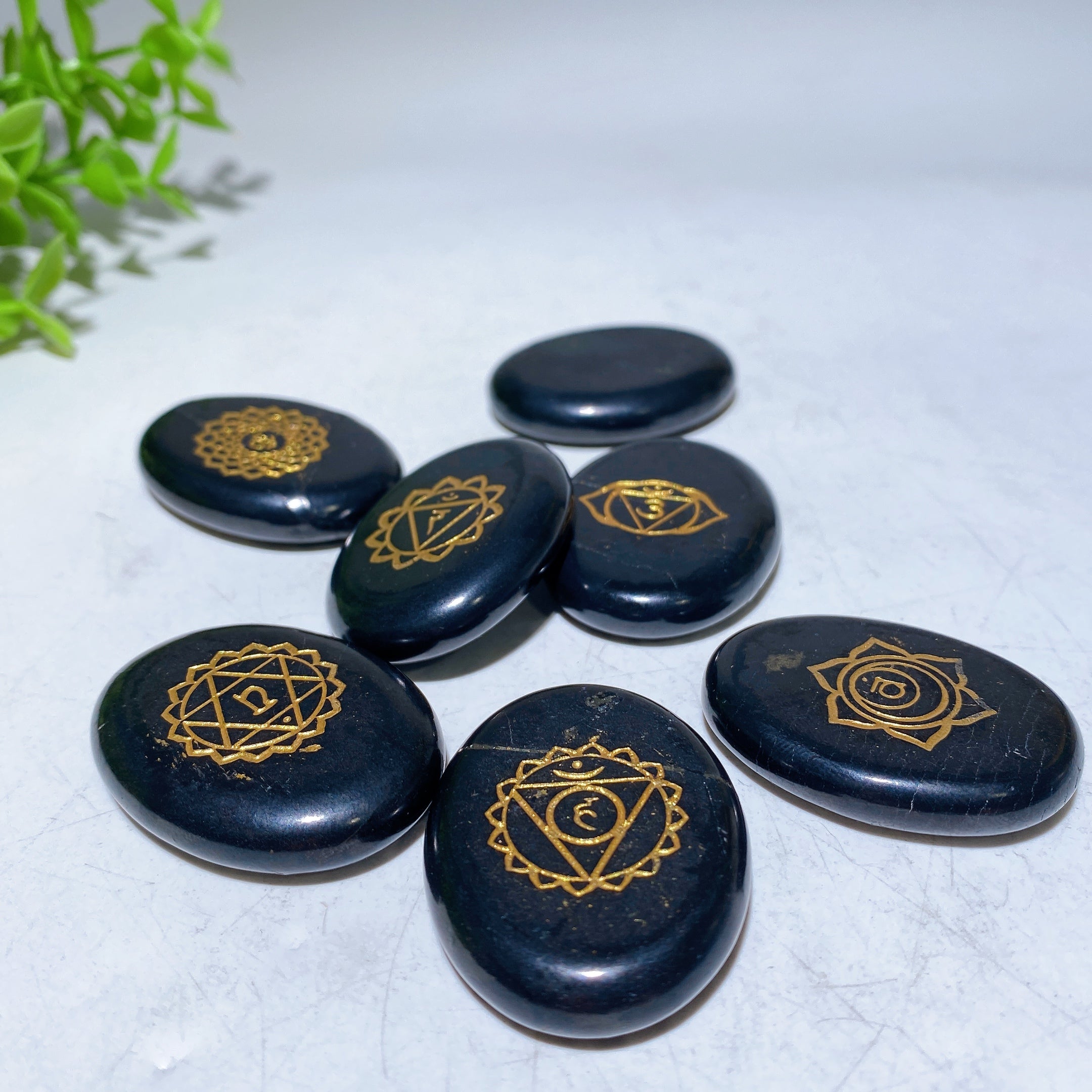 40mm Schungite Chakra Rune Crystal Specimens Set
