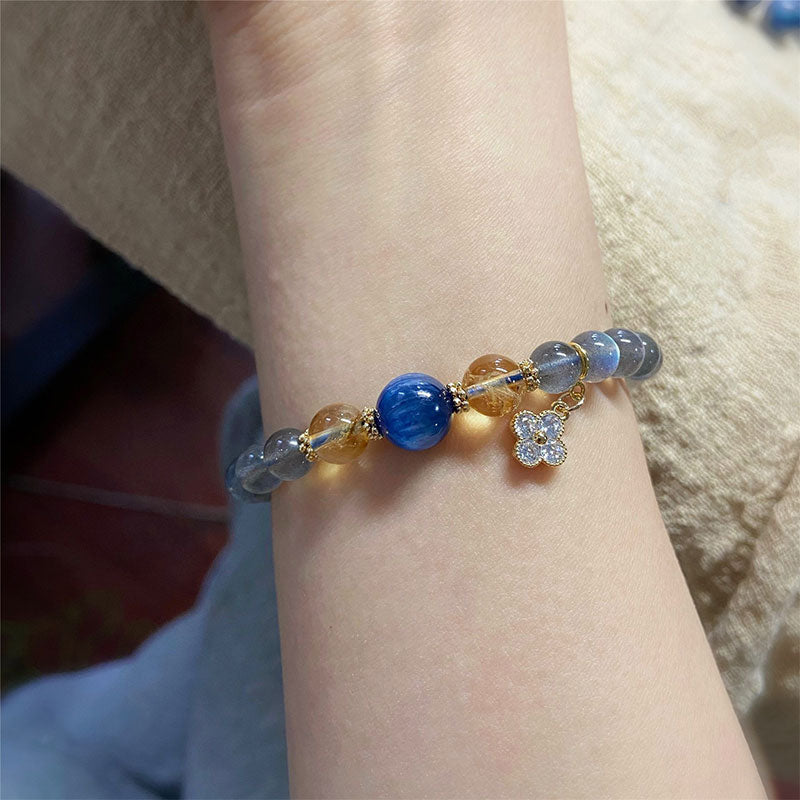 Moonstone Flower Charm Healing Bracelet 6-7mm Beads