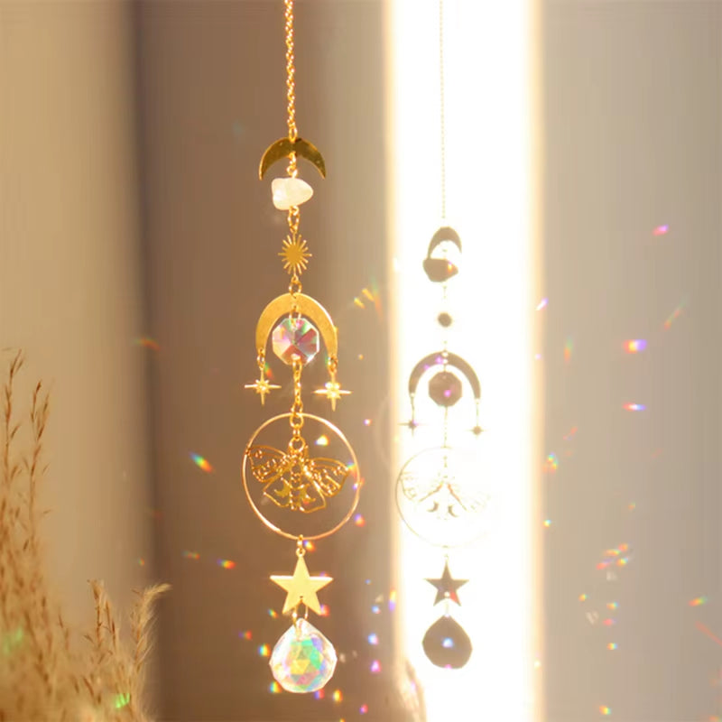 Crystals Sun Catcher Hanging Tree Wind Chime Rainbow Prism Moon Catcher Outdoor Window Curtains Pendant Art Garden Decoration