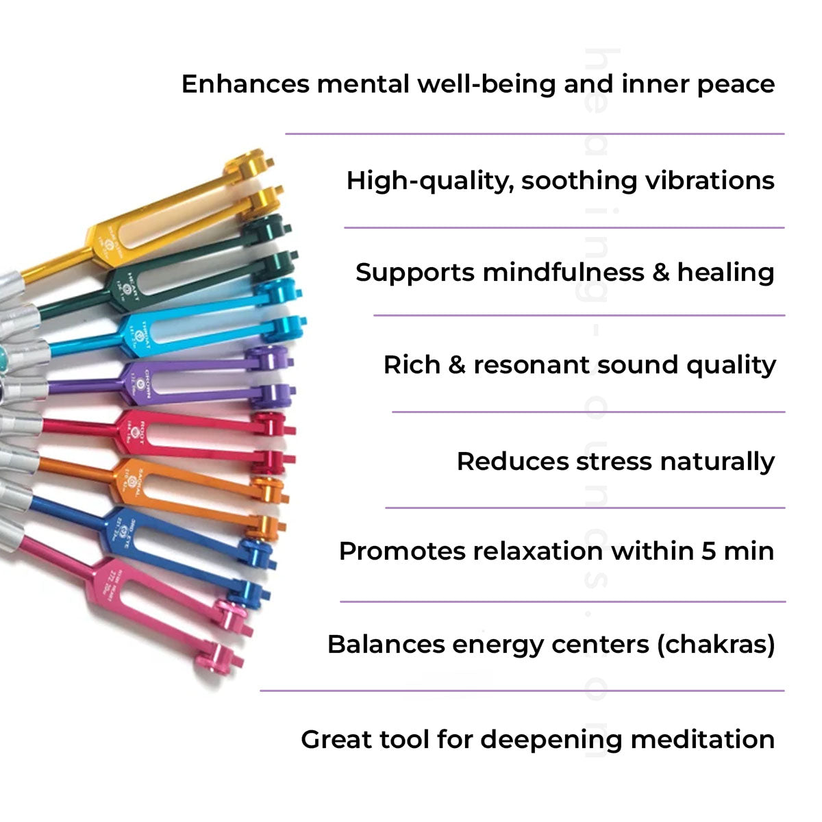 Colorful 432 Hz Tuning Forks arranged in a fan pattern with healing benefits text