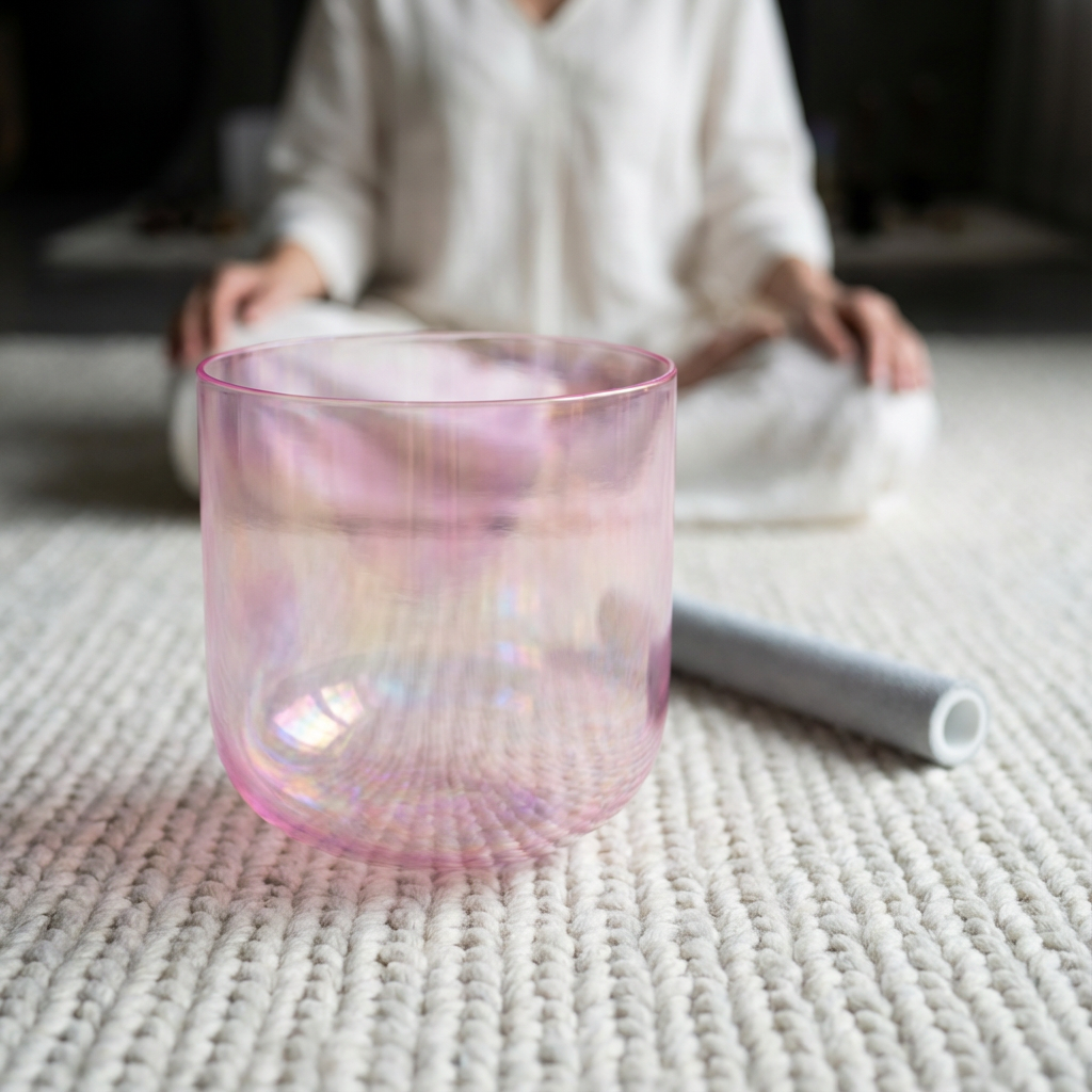 432 Hz Alchemy Cosmic Light Klangschale aus klarem rosa Kristall mit Tasche