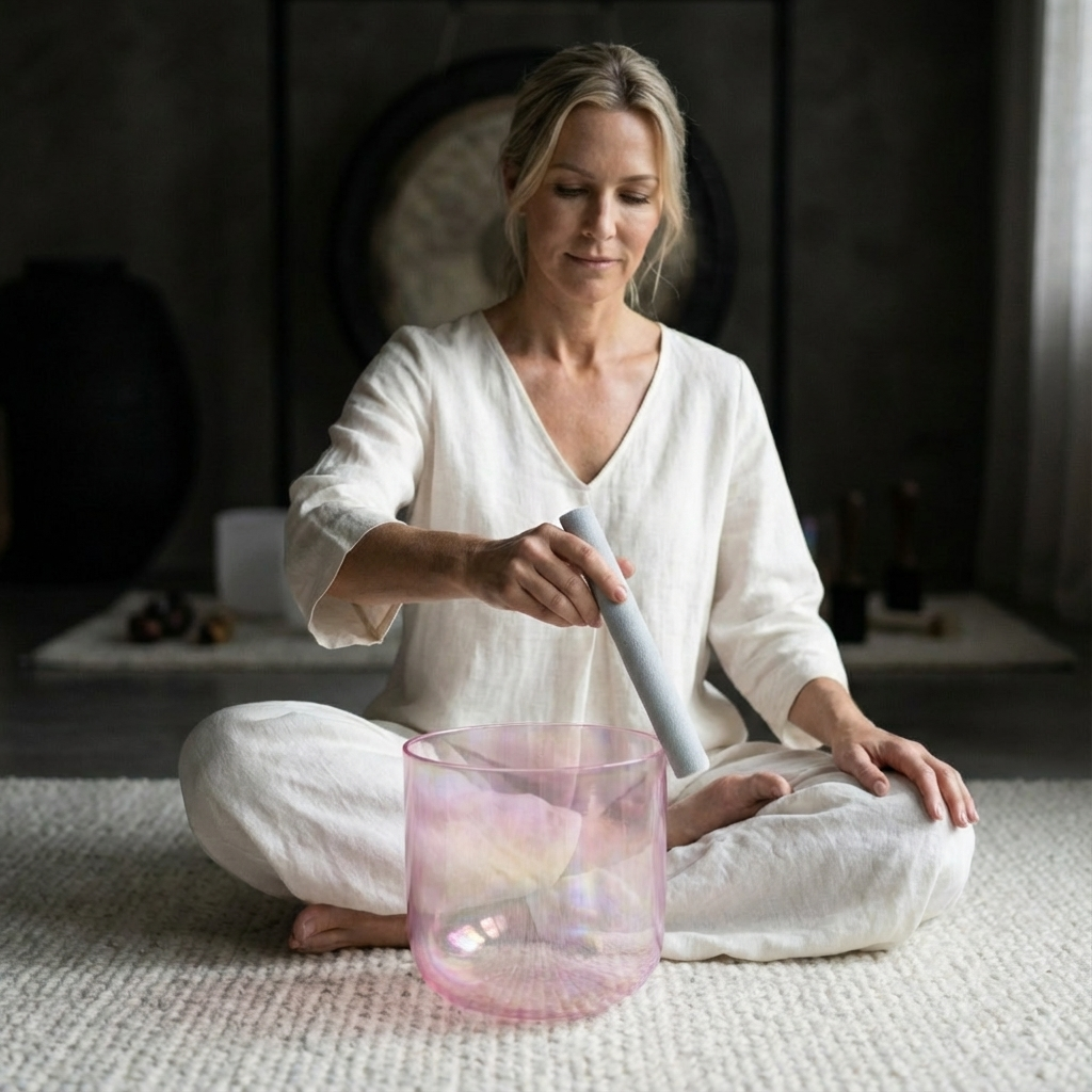 432 Hz Alchemy Cosmic Light Klangschale aus klarem rosa Kristall mit Tasche