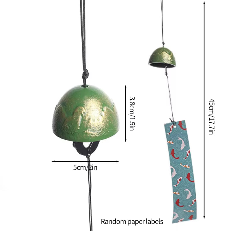 Green metallic Japanese Iron Wind Chime with decorative paper tag for home decor