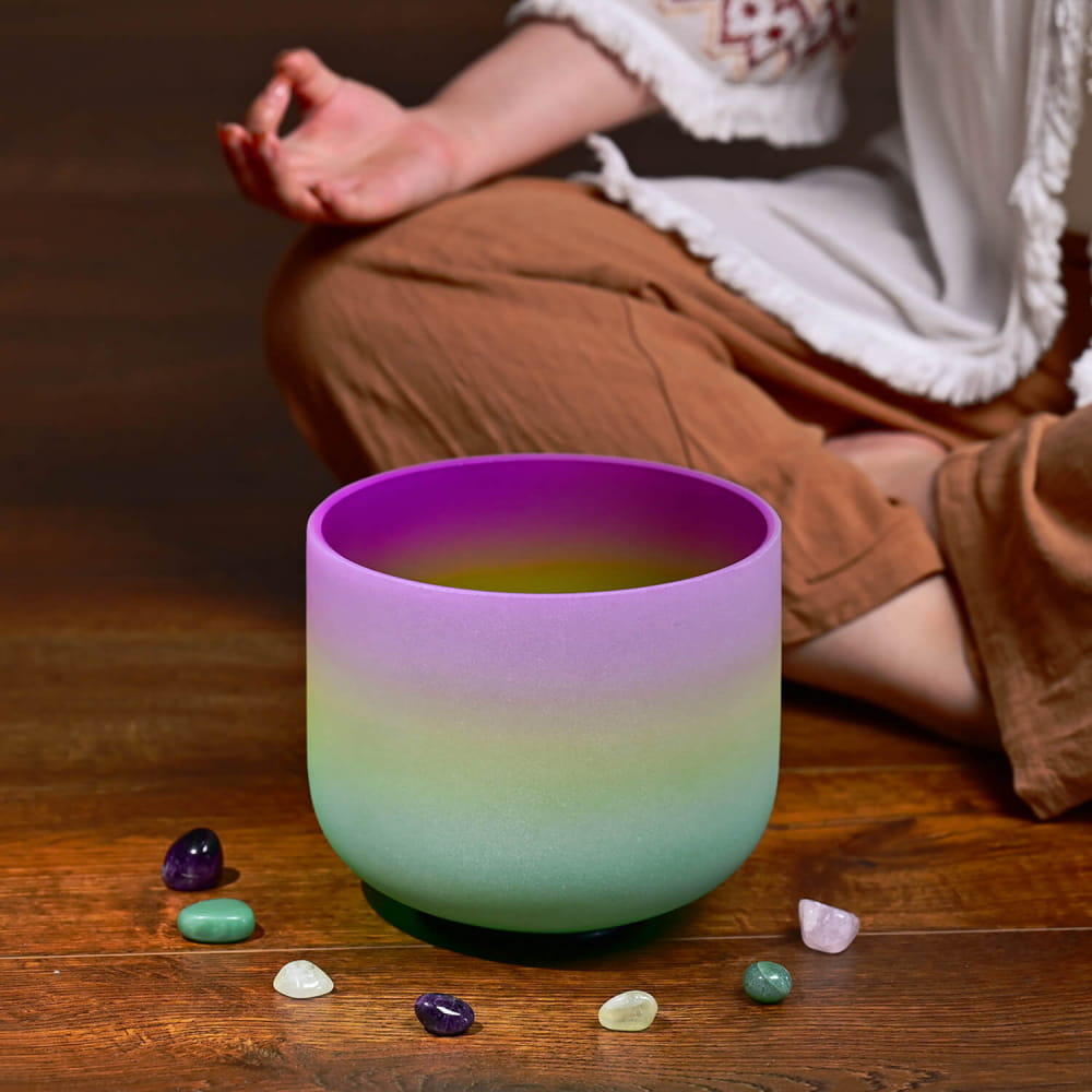 Rainbow-colored frosted glass bowl with golden liquid for 440Hz G Note Crystal Singing Bowl