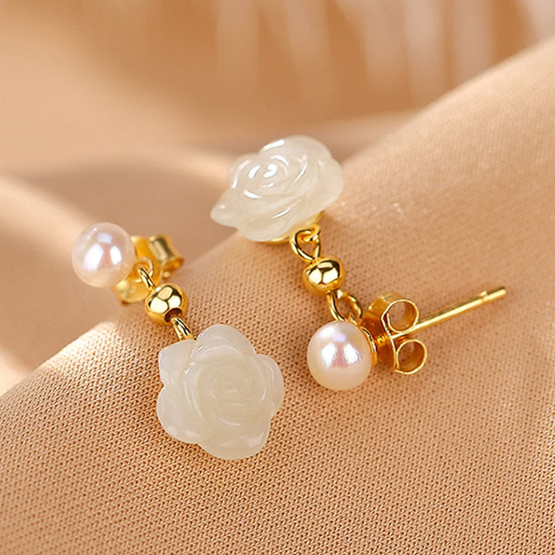 Gold Plated 925 Silver Jade Rose Flower Luck Earrings