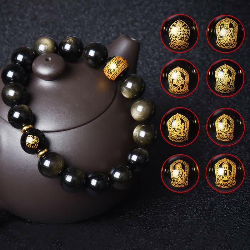 Goldglänzendes Obsidian-Schutzarmband mit chinesischem Sternzeichen, 12 mm