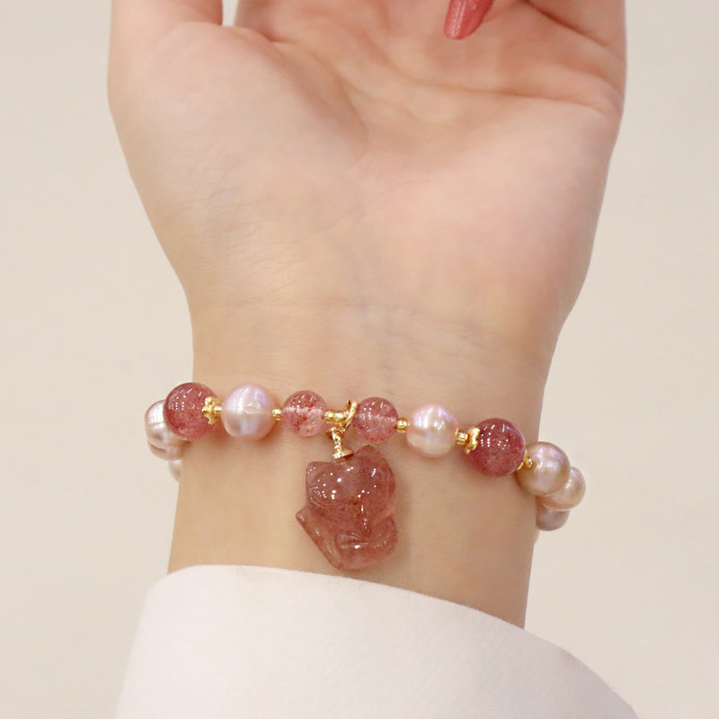 Natural Pearl Strawberry Quartz Healing Charm Bracelet
