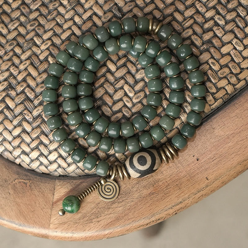 Unisex Cyan Bodhi Seed Dzi Bead Triple Wrap Bracelet