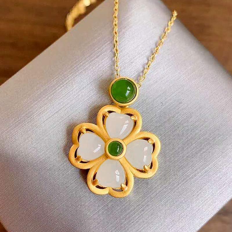 925 Sterling Silver Lucky Four Leaf Clover Jade Necklace | Prosperity & Luck