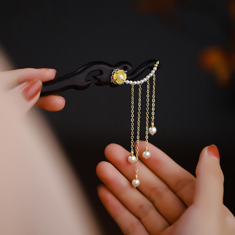 Ebony Wood Chinese Hairpin with Yellow Pearl Tassels