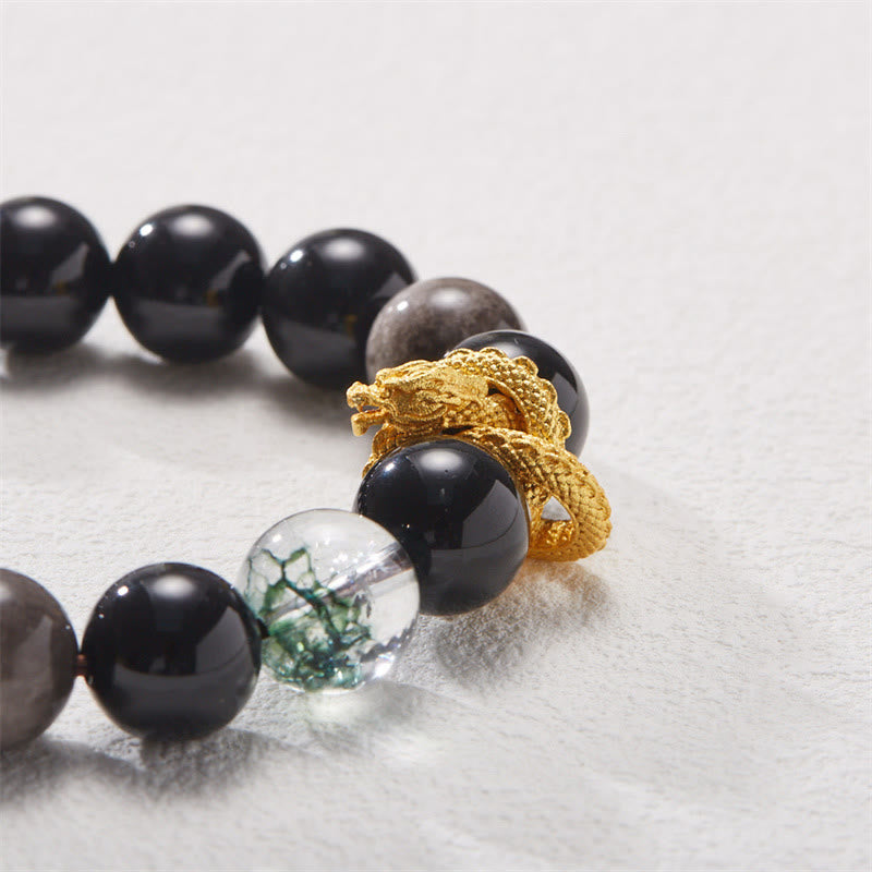Silver Sheen Obsidian Dragon Protection Bracelet 12mm