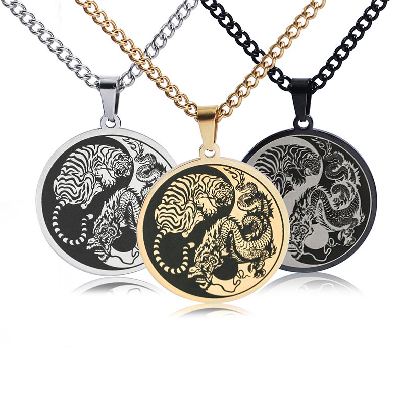 Titanium Steel Dragon Necklace with Tiger Dragon Harmony Pendant