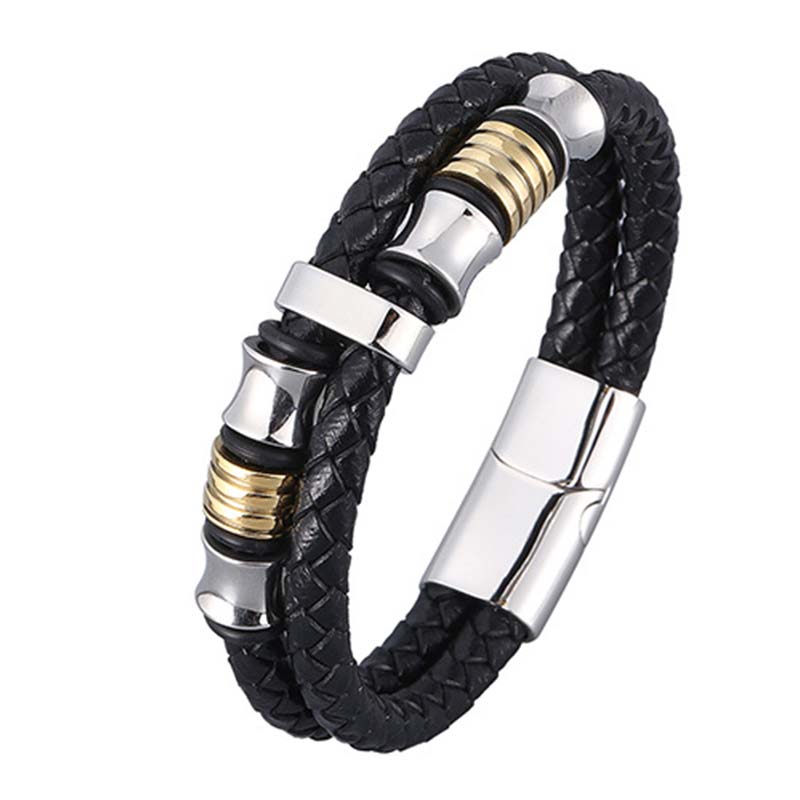 Layered Leather and Titanium Steel Spiritual Bracelet for Balance