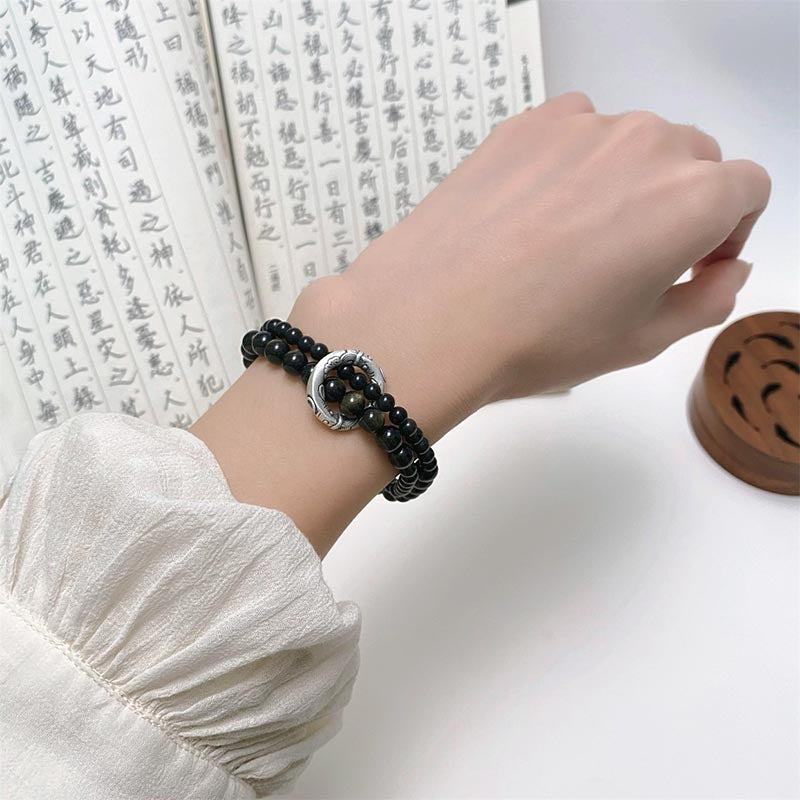 999 Sterling Silver Black Obsidian Unisex Protection Bracelet