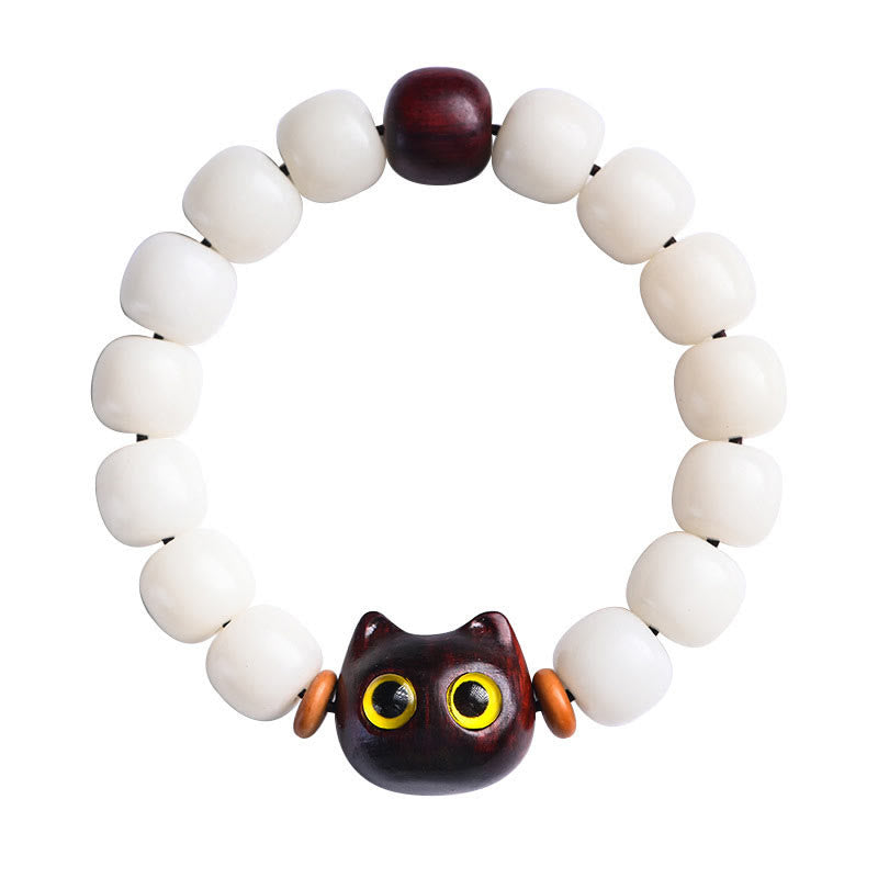 Unisex Bodhi Seed & Wood Lucky Cat Spiritual Bracelet
