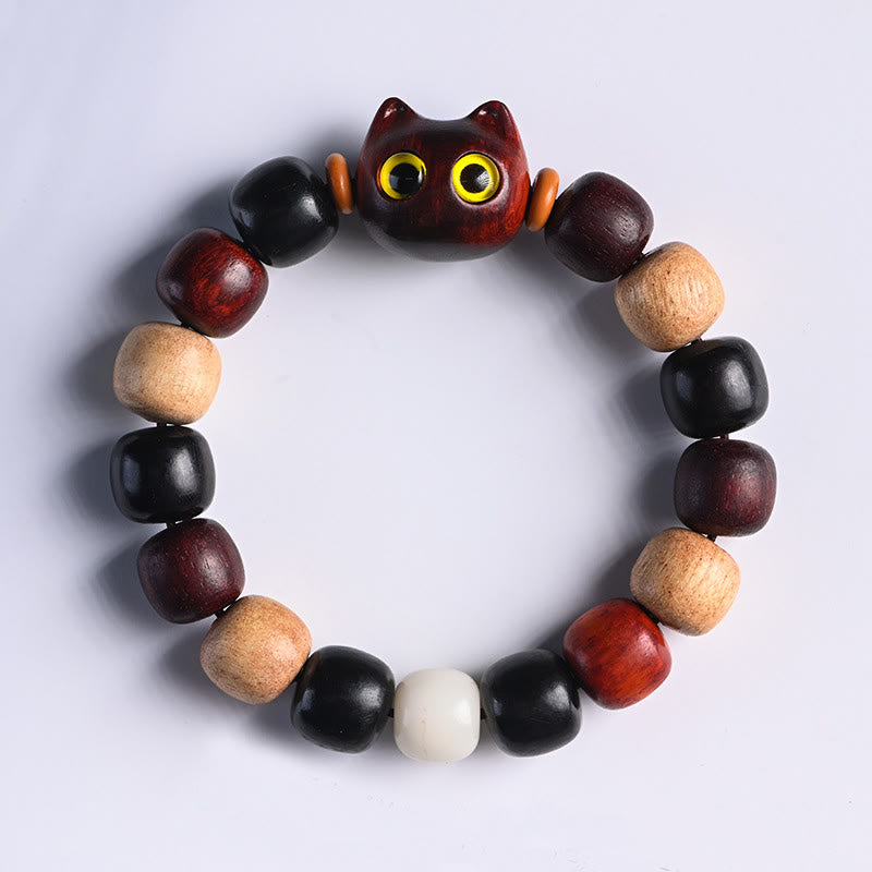 Ebony Wood Protection Bracelet with Small Leaf Red Sandalwood Cat Charm