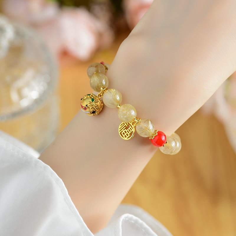 Golden Rutilated Quartz Wealth Bracelet Fu Charm