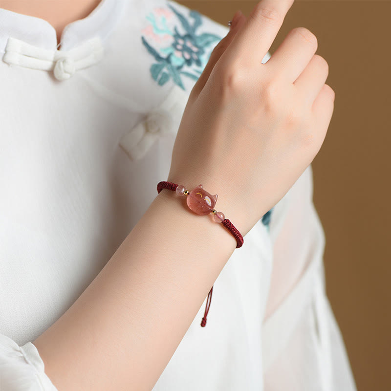 Unisex Silver Sheen Obsidian Strawberry Quartz Protection Bracelet