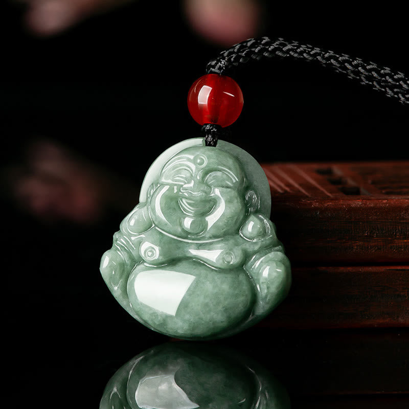 Grüne Jade-Halskette mit lachendem Buddha für Glück und Überfluss