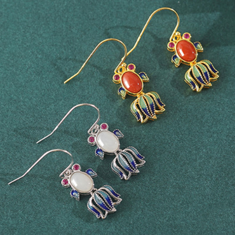 Silver Hetian White Jade Red Agate Fish Drop Earrings