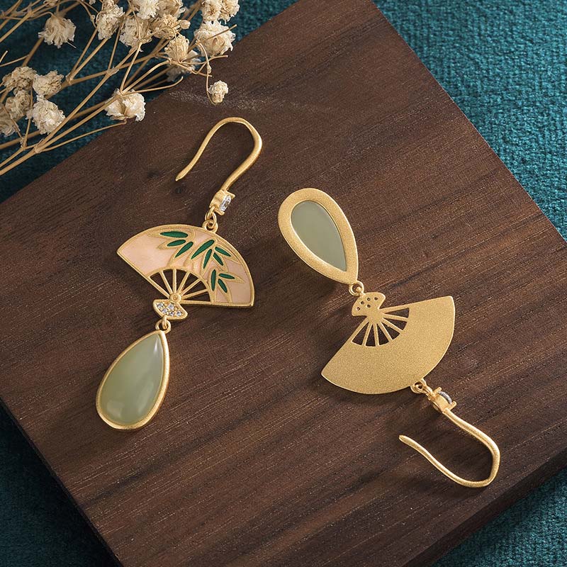 Green Aventurine Luck Drop Earrings | Fan Pattern Design