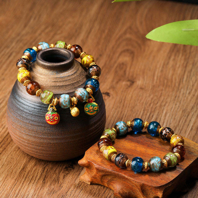 Gold Swallowing Beast Liuli Glass Bead Spiritual Bracelet 12mm