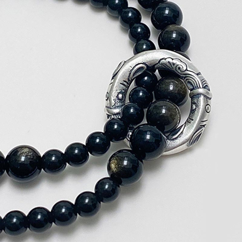999 Sterling Silver Black Obsidian Unisex Protection Bracelet