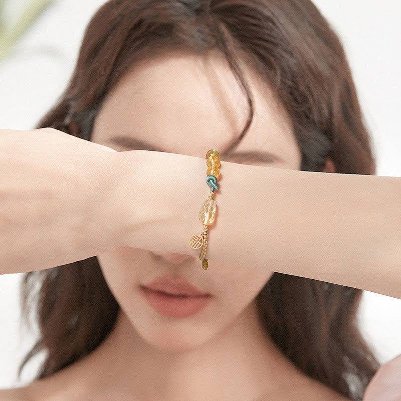 8mm Citrine Prosperity Bracelet with Fu Character and PiXiu Talisman