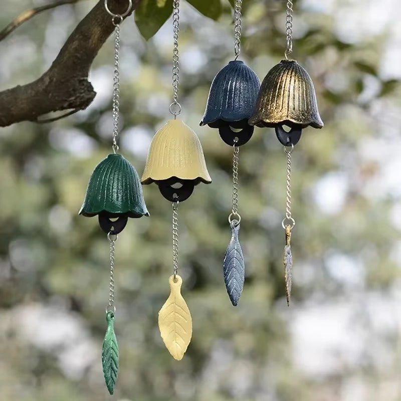 Bell-shaped Japanese Iron Wind Chimes with colorful leaf ornaments for outdoor decor