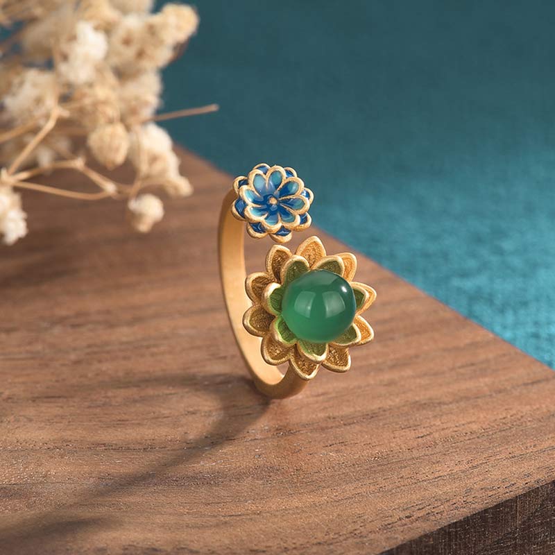 Adjustable Jade Ring with Lotus Pattern for Abundance