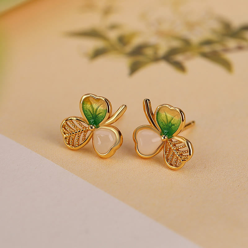 Hetian Jade Luck Shamrock Necklace & Earrings Set