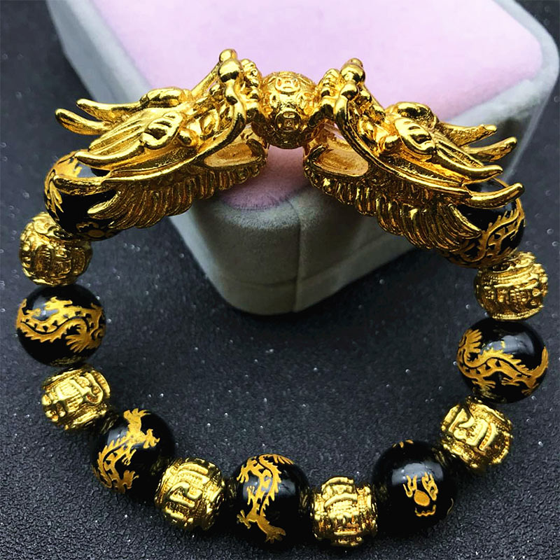 Unisex Obsidian Dragon Bracelet for Wealth & Protection