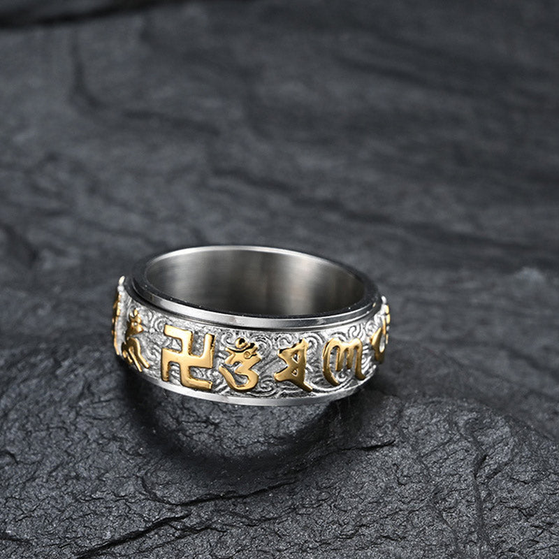 8mm Titanium Steel Om Mani Padme Hum Ring for Balance & Calm