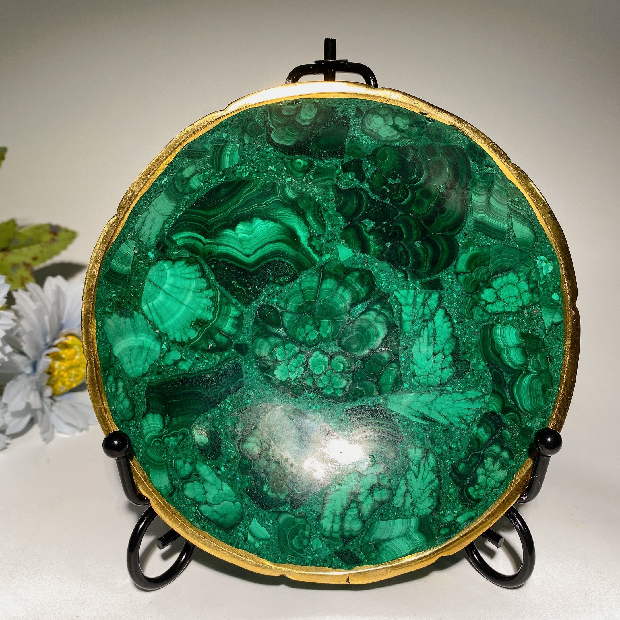 5.1 inch Malachite Crystal Bowl with Golden Rim for Decor