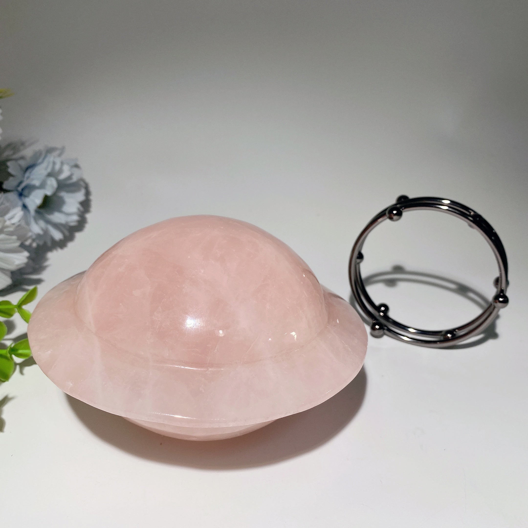 5.2" Rose Quartz UFO Crystal Carving with Stand for Healing