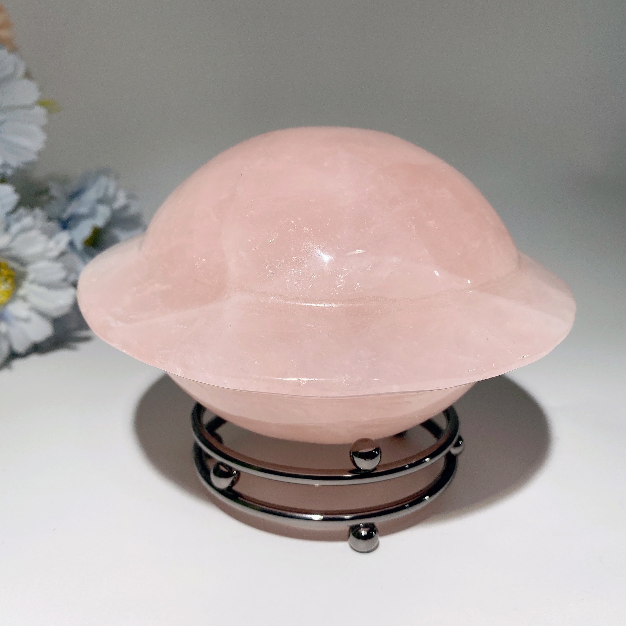 5.2" Rose Quartz UFO Crystal Carving with Stand for Healing