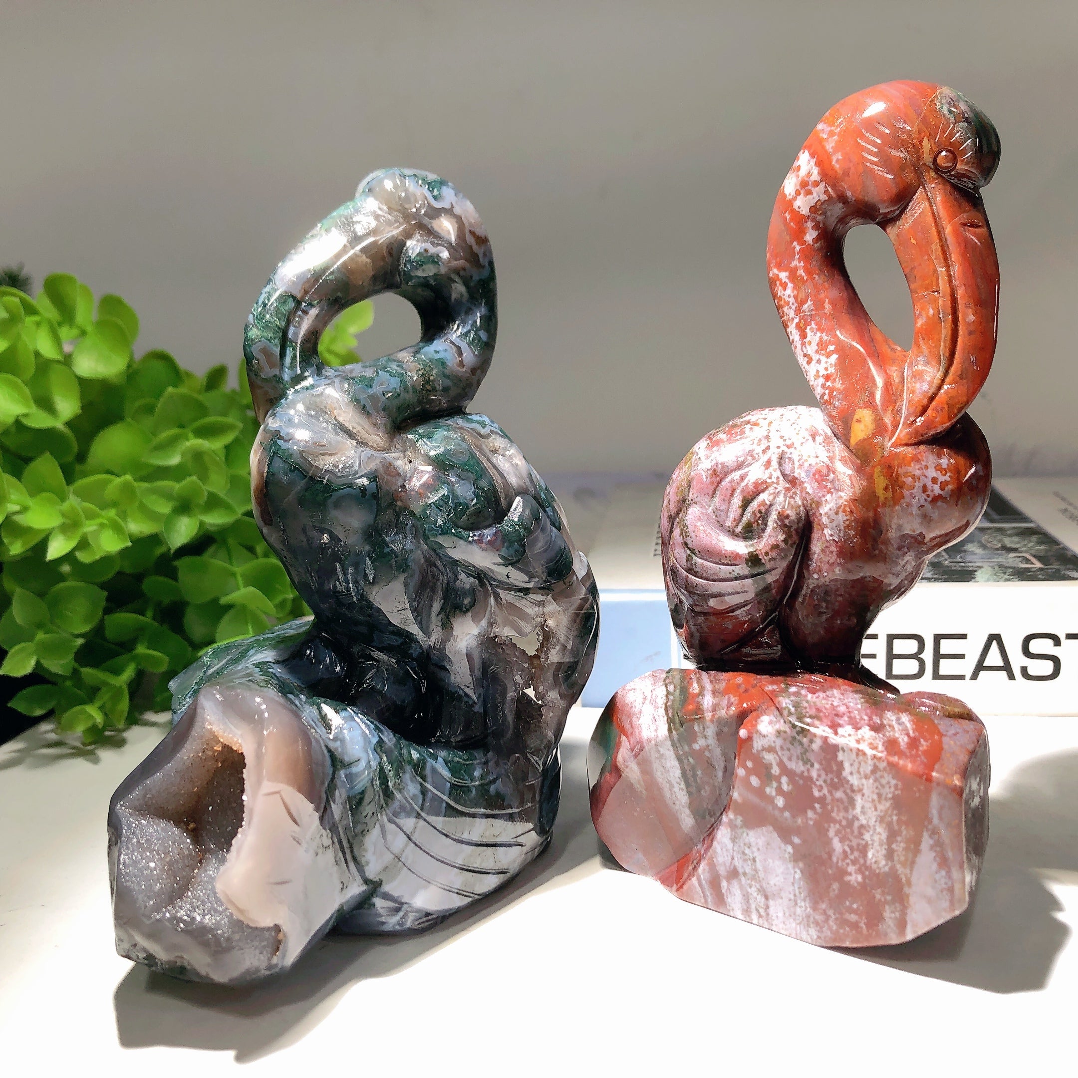 5.5-6.5in Moss Agate & Ocean Jasper Flamingo Crystal Figurines
