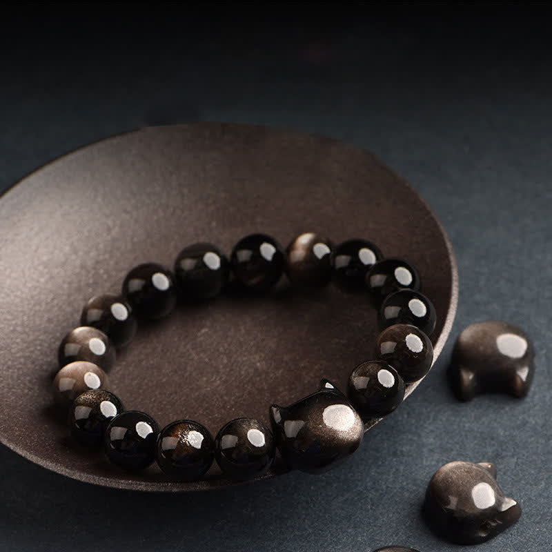 Gold Sheen Obsidian Bracelet with Lucky Cat Paw Charm for Protection