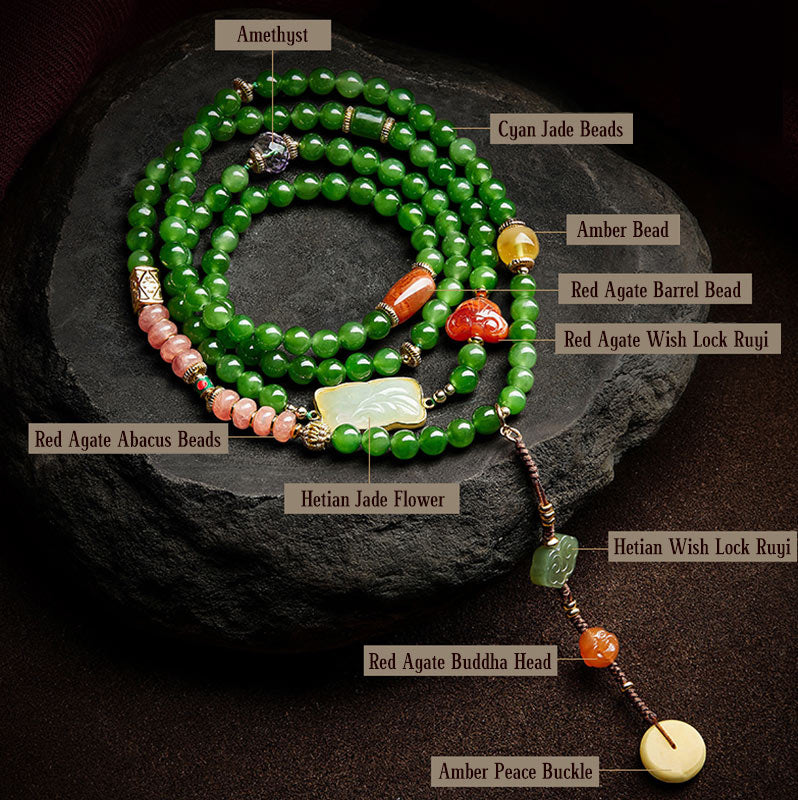 108 Beads Cyan Jade Buddha Bracelet for Luck & Healing Harmony