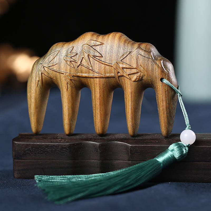Green Sandalwood Tassel Comb with Lotus & Koi Fish Symbols