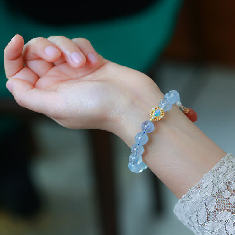 Aquamarine Healing Bracelet with Red Agate and Pearl Beads