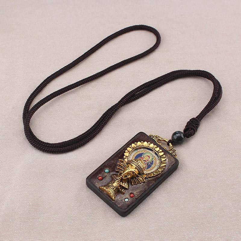 Ebony Wood Elephant Necklace with God of Fortune Pendant