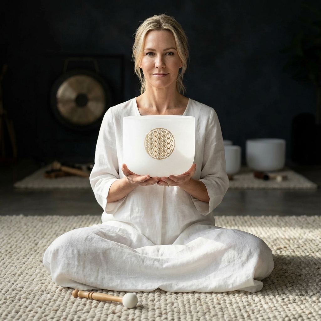 528 Hz C-Note, hohes C, Blume des Lebens, mattierte Kristallschale