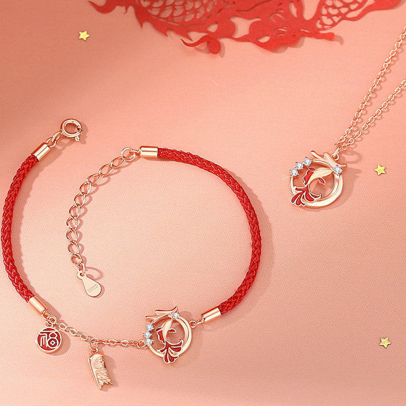 925 Sterling Silver Dragon Koi Fish Luck Necklace & Bracelet Set
