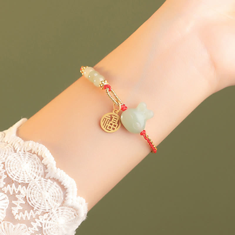 Hetian Jade Red String Bracelet for Luck and Happiness, 15-17cm