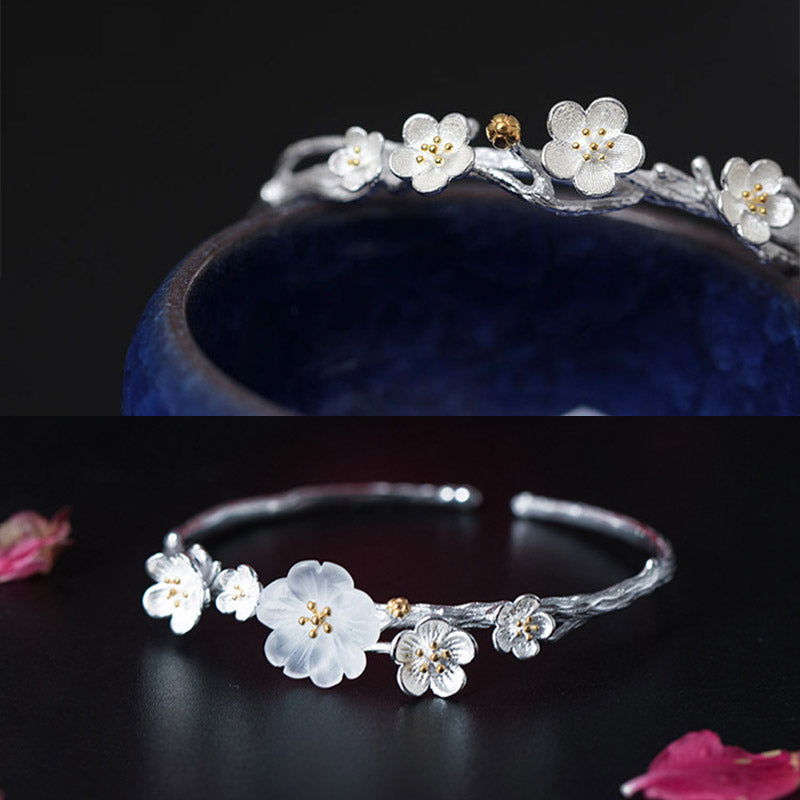 Sterling Silver Plum Flower Blessing Adjustable Spiritual Bracelet