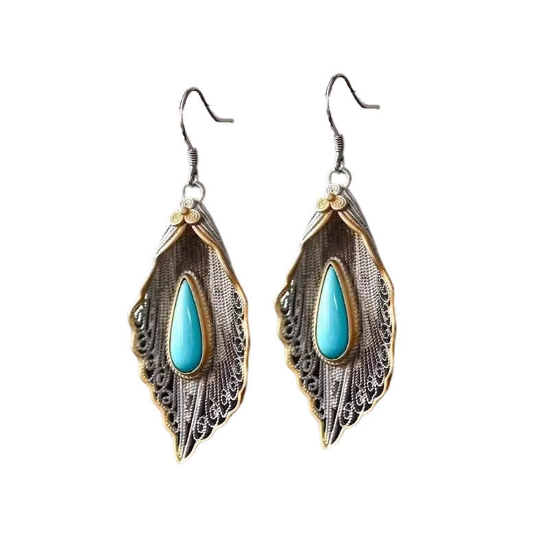 925 Sterling Silver Turquoise Bodhi Leaf Protection Drop Earrings