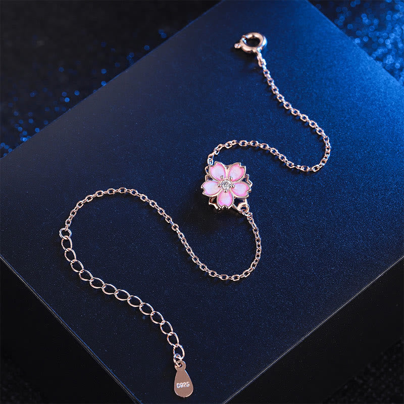 925 Sterling Silver Cherry Blossom Blessing Chain Bracelet with Rotatable Ring