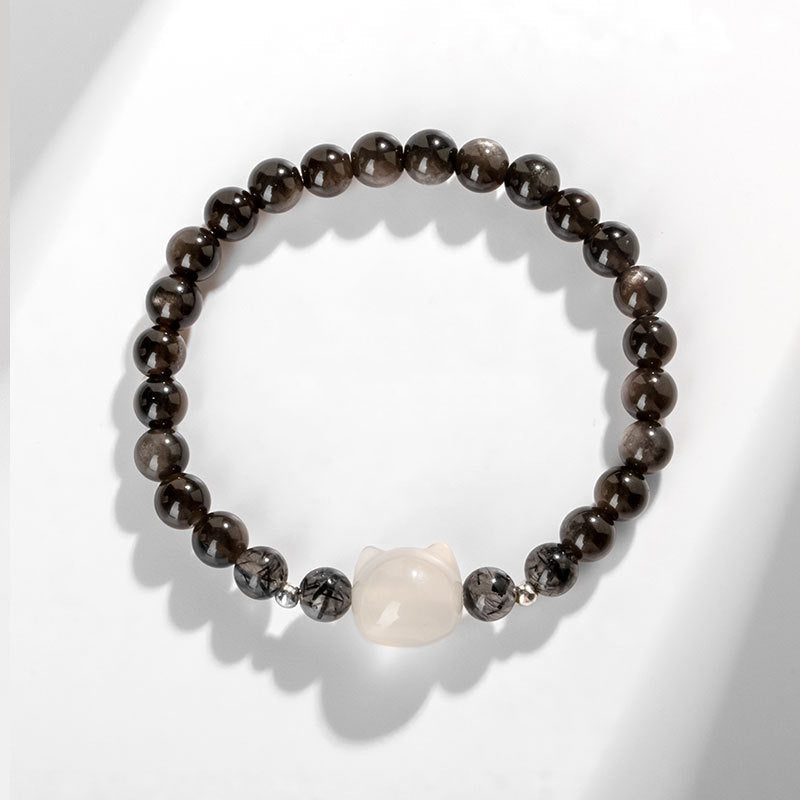 8mm Silver Sheen Obsidian Cat Head Protection Bracelet