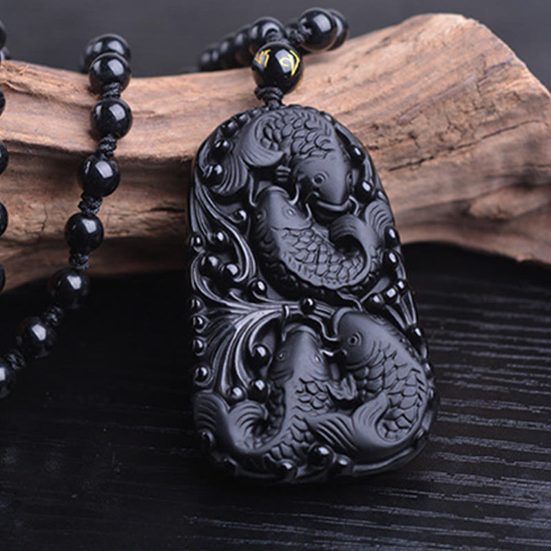 Black Obsidian Koi Fish Strength Necklace Pendant